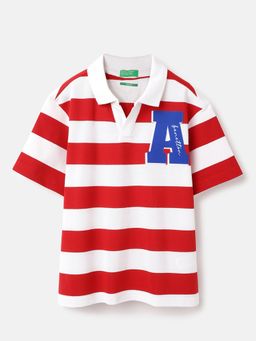 United Colors of Benetton - Red Boxy Fit Collar Neck Broad Stripe Polo T-Shirt