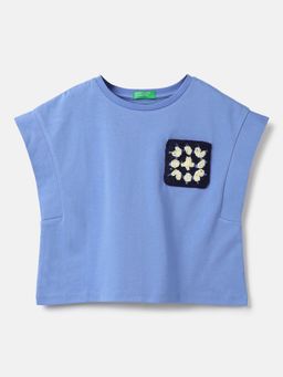 United Colors of Benetton - Blue Boxy Fit Round Neck Side Crochet Applique T-Shirt