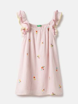 United Colors of Benetton - Pink Regular Fit Square Neck Embroidered Ruffled Dress