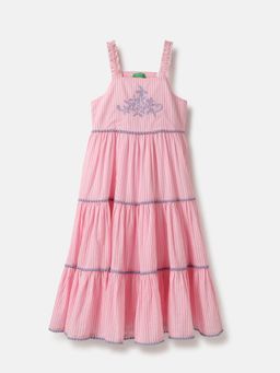 United Colors of Benetton - Pink Regular Fit Square Neck Striped Maxi Tiered Dress