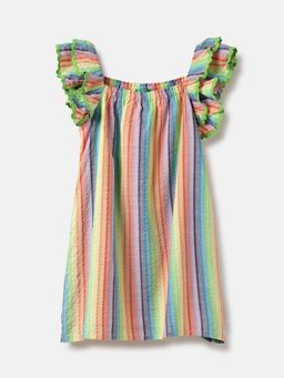United Colors of Benetton - Multi-Color Regular Fit Round Neck Striped Ruffled Dress