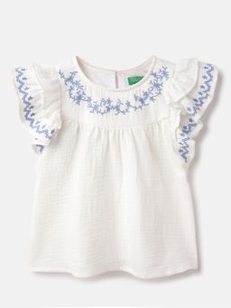 United Colors of Benetton - White Regular Fit Round Neck Embroidered Top