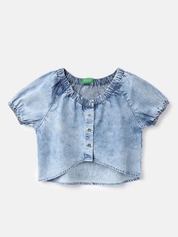 United Colors of Benetton - Blue Regular Fit Round Neck Solid High Crop Top