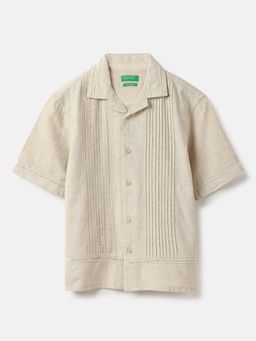 United Colors of Benetton - Beige Regular Fit Resort Collar Lace & Pintucks Shirt