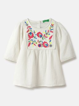 United Colors of Benetton - White Regular Fit Round Neck Embroidered Flared Top
