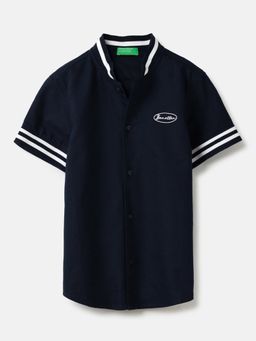 United Colors of Benetton - Navy Blue Regular Fit Mandarin Collar Solid Oxford Shirt