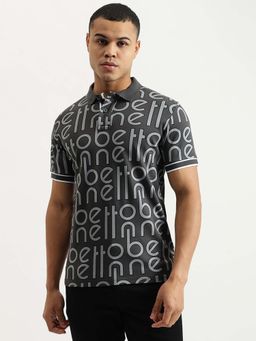 United Colors of Benetton - Grey Regular Fit Collar Neck Typography Interlock Polo T-Shirt