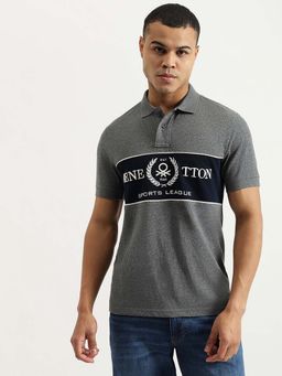 United Colors of Benetton - Grey Regular Fit Collar Neck Colorblock Jaspe Pique Polo T-Shirt
