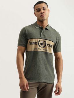 United Colors of Benetton - Green Regular Fit Collar Neck Colorblock Jaspe Pique Polo T-Shirt