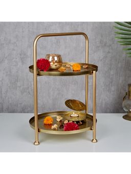 HomeTown - Orient Handcrafted Pomegranate Etched 2 Tier Metal Accent Table 46 Cm In Gold Colour