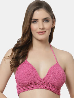 Velvery - Handmade Halter Neck Padded Bralette Crop Top - Pink