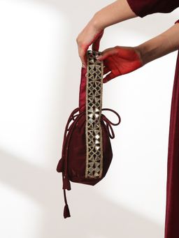Swtantra - Maroon Velvet with Mirror Lace Handle Potli Bag