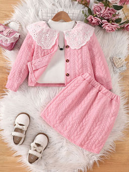 Hopscotch - Girls Pink Textured Jacket and Skirt with Schiffli Embellished