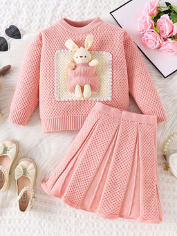 Hopscotch - Girls Pink Textured Sweater and Skirt with Bear Accessory