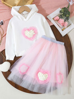 Hopscotch - Girls White and Pink Heart Applique Hooded Sweatshirt Skirt
