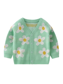 Hopscotch - Girls Mint Floral Print Cotton Full-Sleeve Sweater