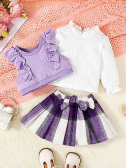 Hopscotch - Girls White and Purple Textured Blouse, Sweater Skirt