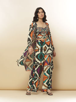 Label Ritu Kumar - Black Chevron Print Top with Cape and Pant Co-Ord (Set of 3)