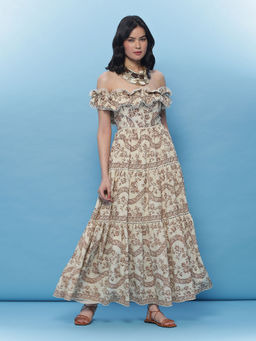 Label Ritu Kumar - Ecru Botanic Print Off Shoulder Long Dress