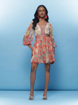 Label Ritu Kumar - Ecru Floral Print Short Dress