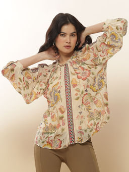 Label Ritu Kumar - Ecru Botanic Print Top with Inner (Set of 2)