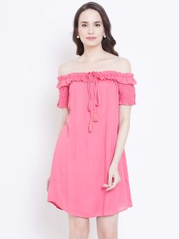 Dodo & Moa - Women Pink Off Shoulder Solid Dress