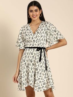 Dodo & Moa - Women White Floral Printed Dress with Belt