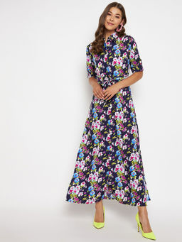 Uptownie - Women Crepe Printed Button Down Shirt Maxi Dress Blue