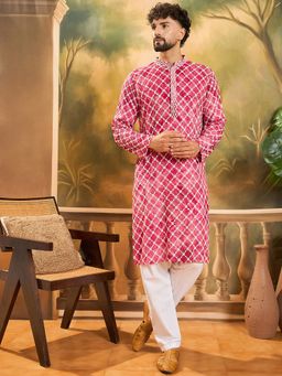 ETHNIC BAY - Men Red Viscose Rayon Shibori Embroidered Straight Kurta and Pyjama
