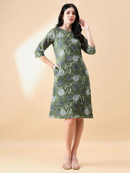 Powersutra - Olive Casual A-Line Cotton Floral Printed Dress