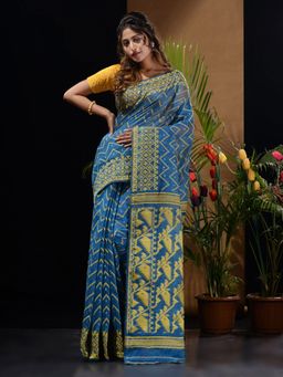 CHARUKRITI - Sapphire Blue & Yellow Handwoven Saree with Woven Chevron Designs