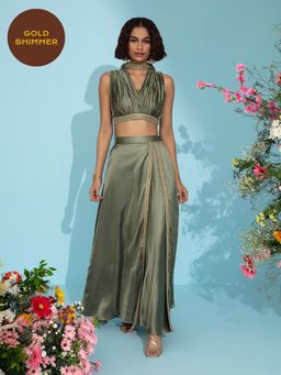 Gajra Gang - Neemrana Olive Gathered Crop Top and Skirt GGLEH53 (Set of 3)