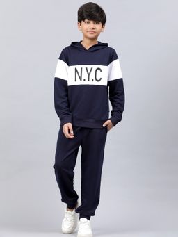 Lil Tomatoes - Boys Typography Cotton Looper Navy Sweatshirt & Trackpant (Set of 2)