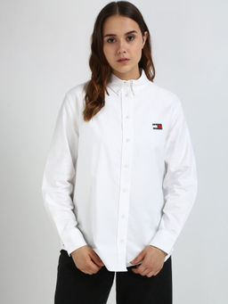 Tommy Hilfiger - White Solid Relaxed Fit Cotton Shirt