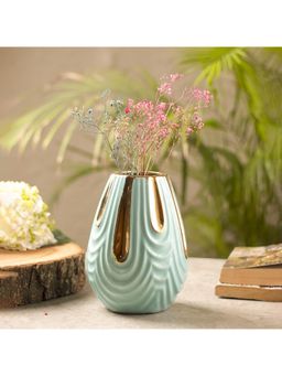 Voncasa - Emerald Ceramic Vase, Ribbed Design, Flower Holder
