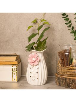 Voncasa - Off White Ceramic Vase - Engraved Floral Pattern, Flower Holder