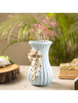 Voncasa - Blue Ceramic Curvy Vase - Engraved Floral Pattern, Flower Holder