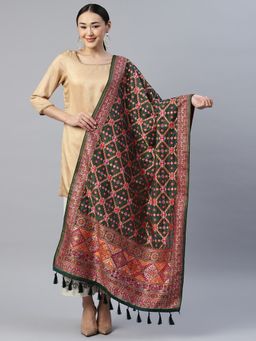 Silk Land - Green & Pink Geometric Phulkari Embroidered Dupatta