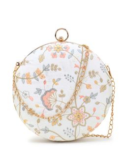Anekaant - Gala Cream & Multi Faux Silk Floral Embroidered Round Clutch