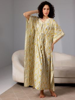 Libas - Yellow Pure Cotton V-Neck Floral Night Kaftan Dress