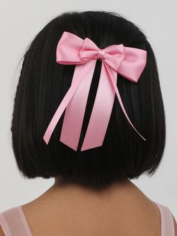 Arendelle - Satin Silk Ribbon Double Bow Long Tail Hair Bow Clip In Pink for Girls