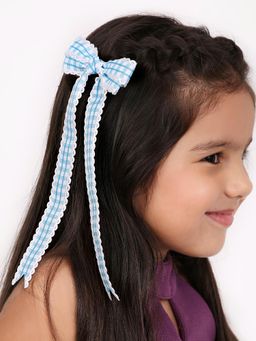 Arendelle - Sky Blue & White Checks Ribbon Long Tail Hair Bow Clip for Girls