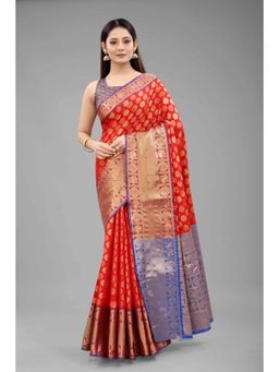 Silk Land - Banarasi Silk Woven Saree with Unstiched Blouse Piece Red with Unstitched