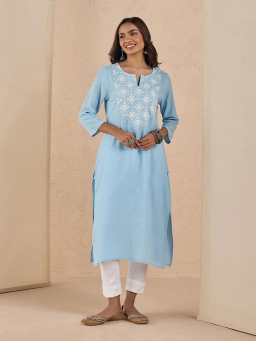 Likha Solid Blue Straight Embroidered Yoke Kurta LIKEPKU10