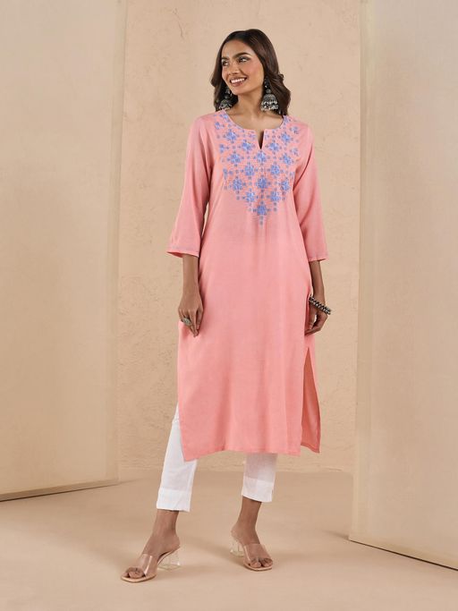 Likha Solid Pink Straight Embroidered Yoke Kurta LIKEPKU10