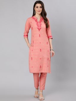 Jaipur Kurti - Pink Embroidered Yarn Dyed Kurta With Pant (Set of 2)