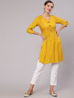 Jaipur Kurti - Mustard Self Weave Pleated, Laced-up And Gathered Kurti With Tassels