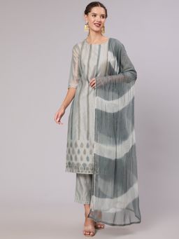 Jaipur Kurti - Grey Chanderi Printed Kurta With Pant And Tie & Dye Dupatta With Lace (Set of 3)