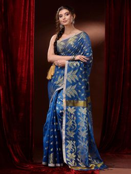 CHARUKRITI - Cobalt Blue Cotton Zari Woven Foliage Designs & Floral Pallu Saree with Unstitched Blouse