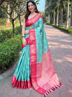 Vastranand - Banarasi Silk Aqua Blue Mina Butti Work Kadia Zari Border Saree With Unstitched Blouse